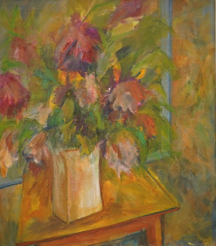 J. Young, oil on canvas, Still life of flowers in a vase, signed, 75 x 65cm. Condition - good, minor craquelure